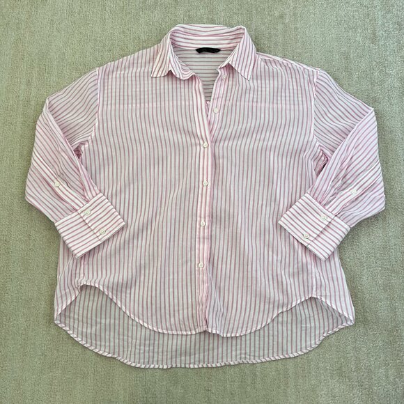 Zara White Pink Cotton Stripe Long Sleeve Button Up Sheer Oversize Blouse Top S - Picture 1 of 11